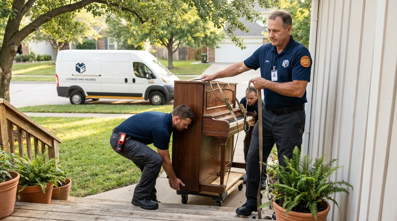 Licensed piano movers securing grand piano in North Baltimore, OH