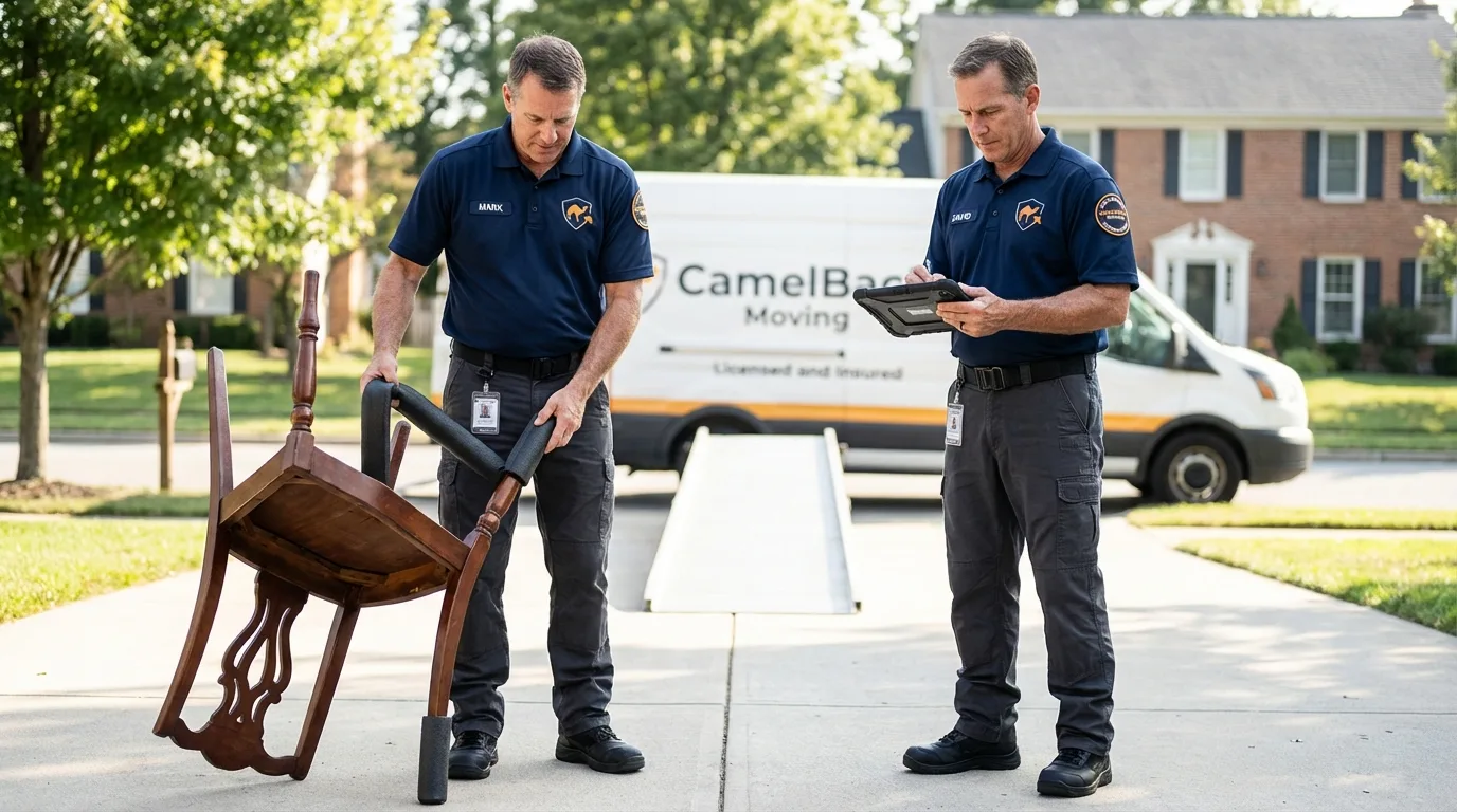 Movers inspecting furniture for damage prevention before loading in North Baltimore, OH