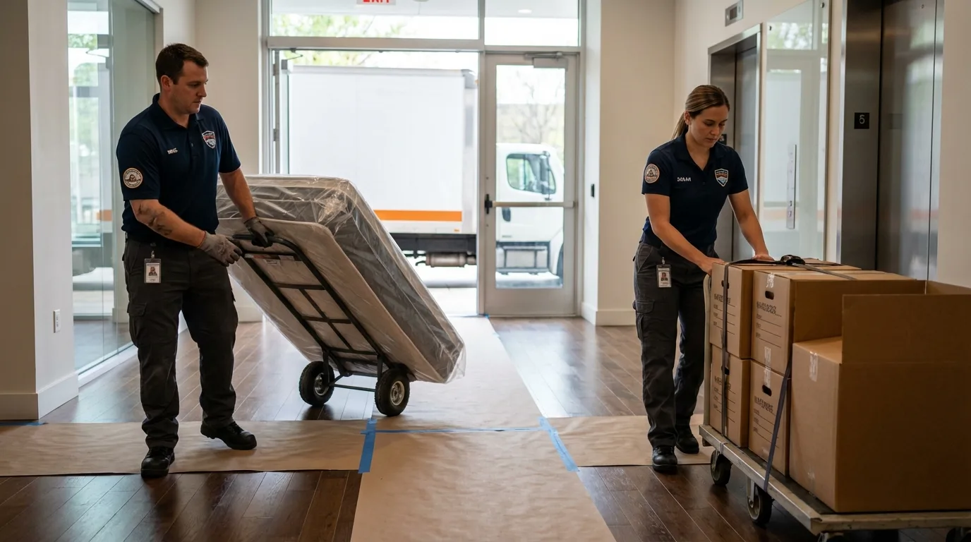 Professional apartment movers loading elevator in North Baltimore, OH